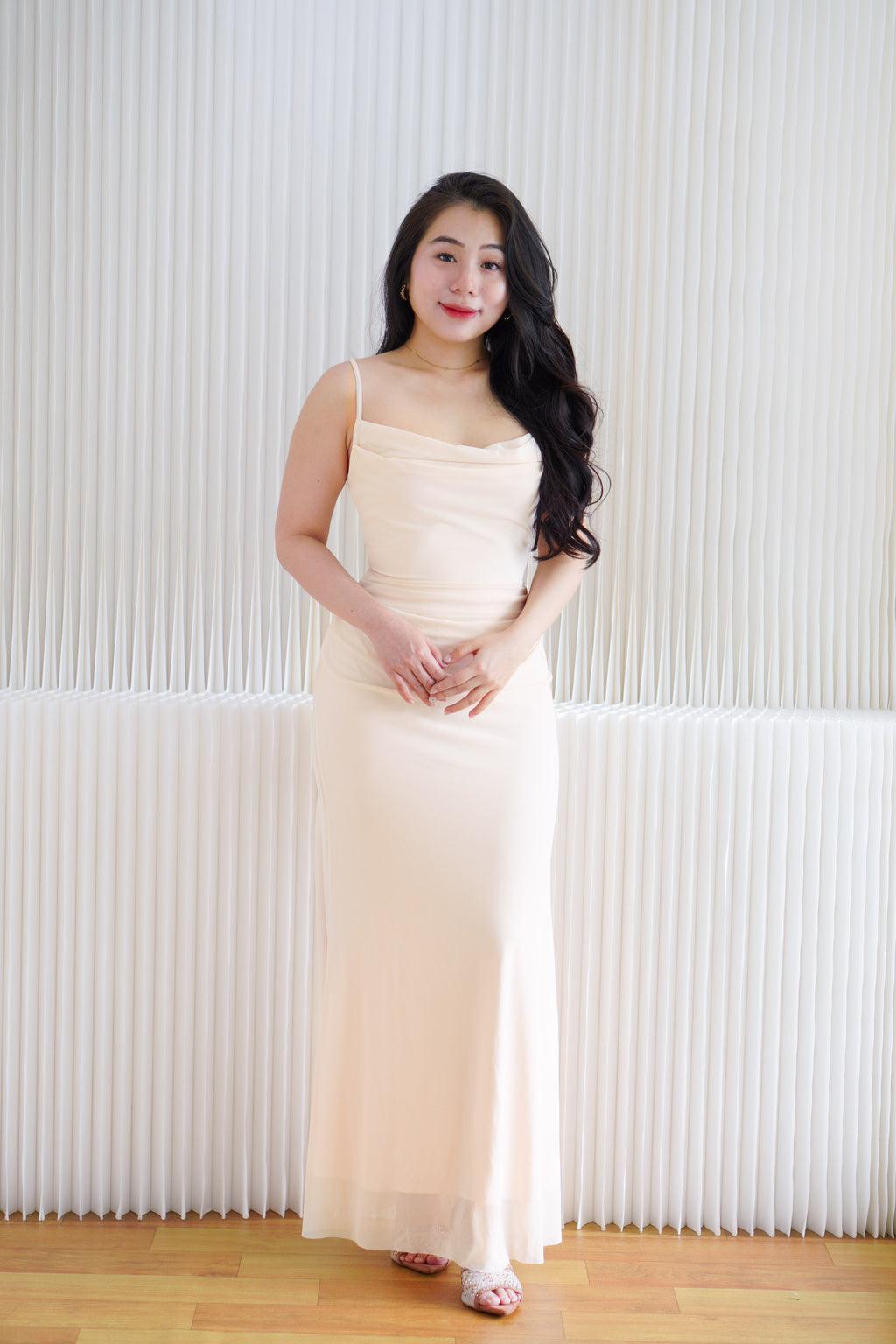 Astri Cowl Neck Mesh Bodycon Maxi Dress in Cream