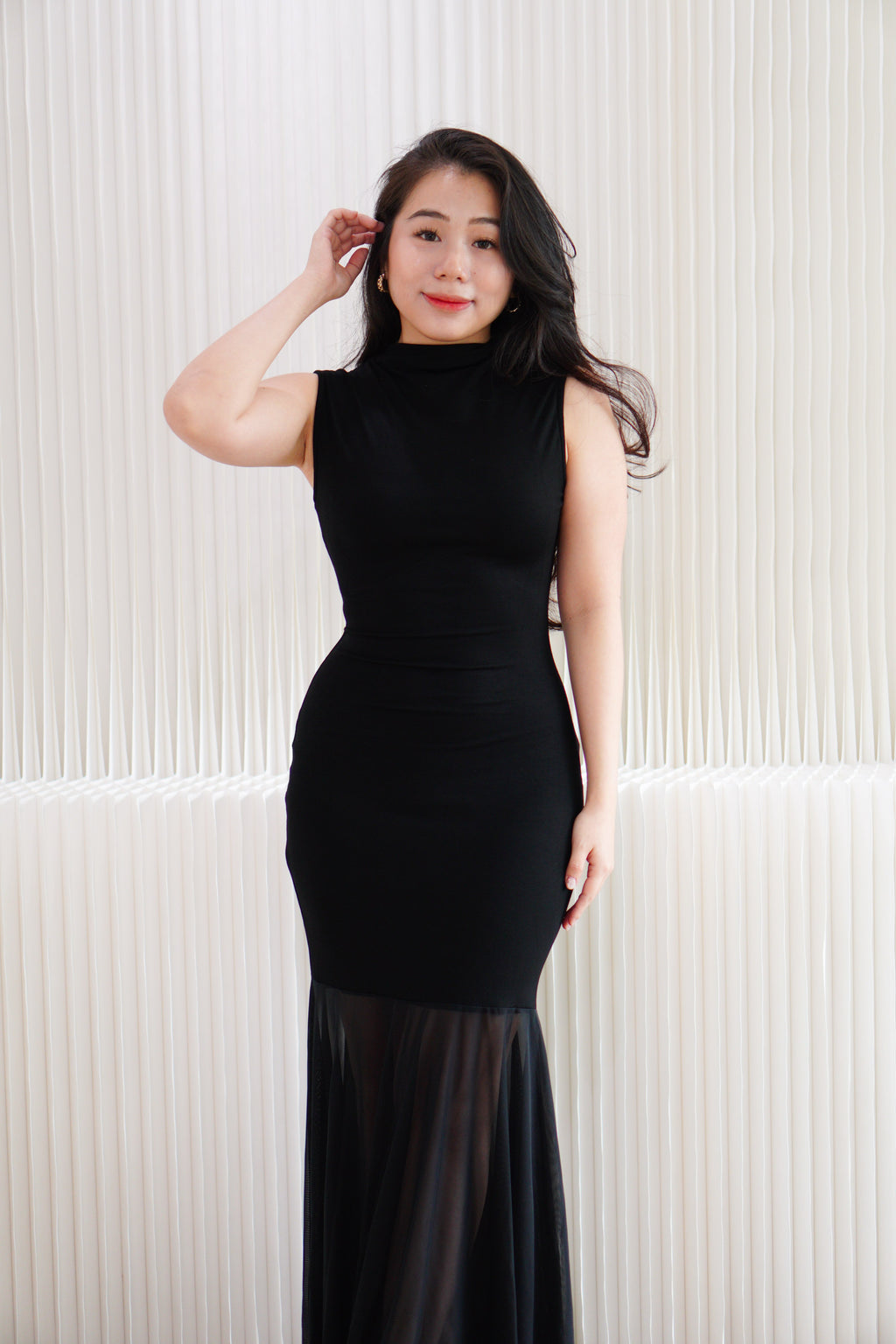 Leotara High Neck Semi Sheer Maxi Dress in Black
