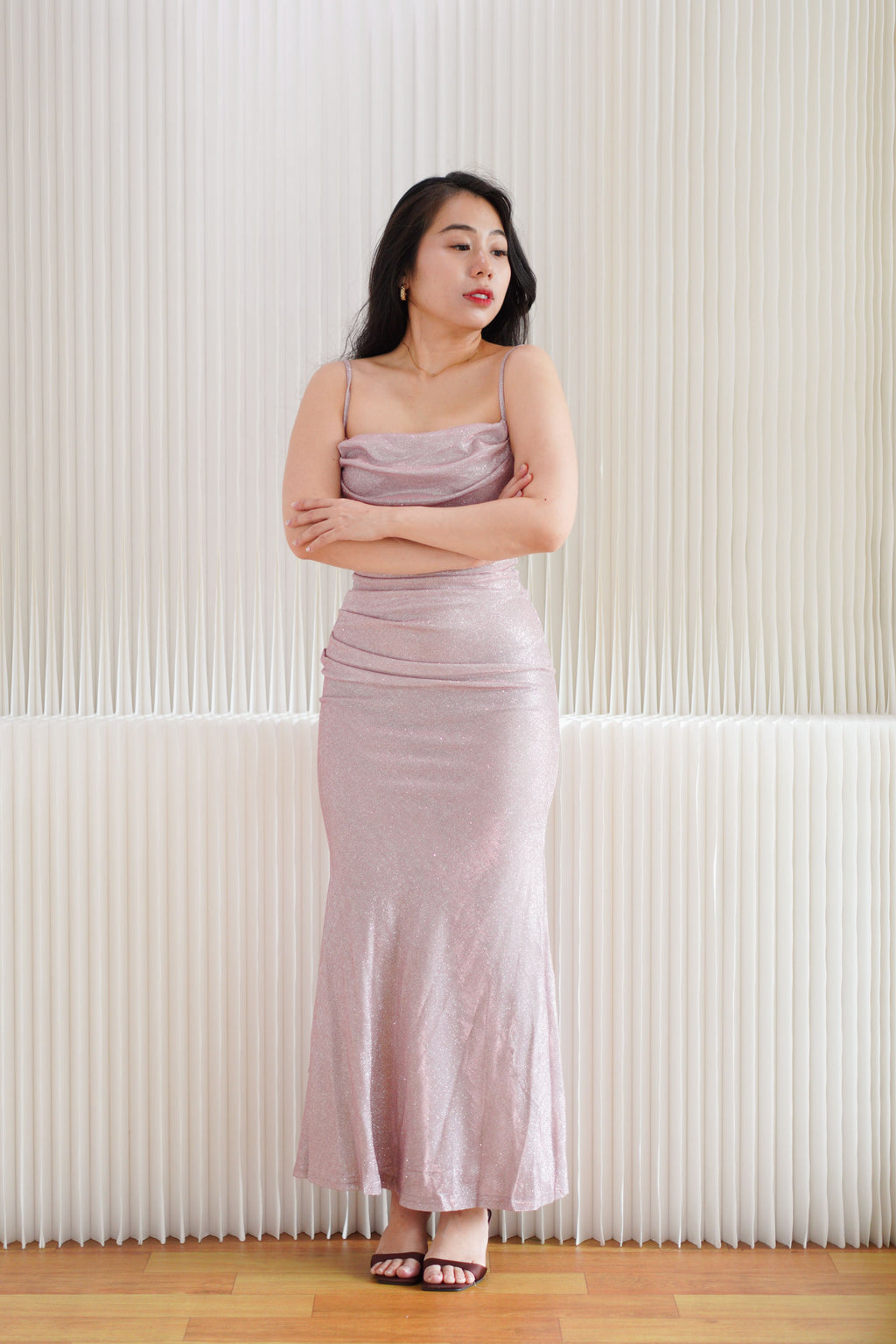 Lunara Cowl Neck Glitter Bodycon Maxi Dress in Pink