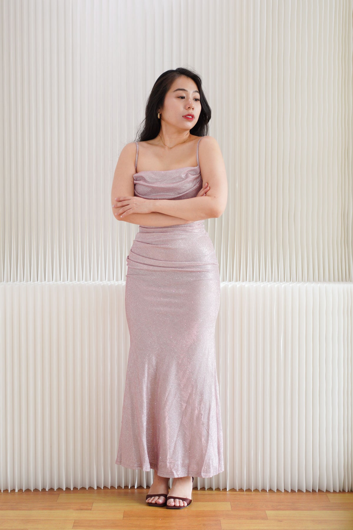 Lunara Cowl Neck Glitter Bodycon Maxi Dress in Pink