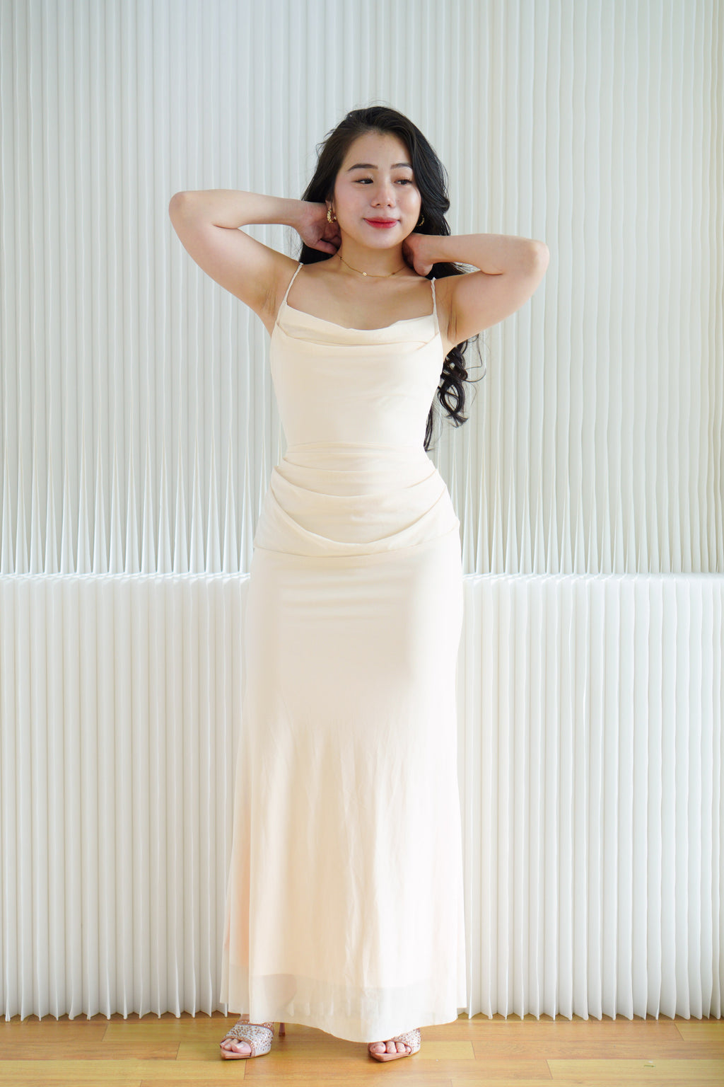 Astri Cowl Neck Mesh Bodycon Maxi Dress in Cream