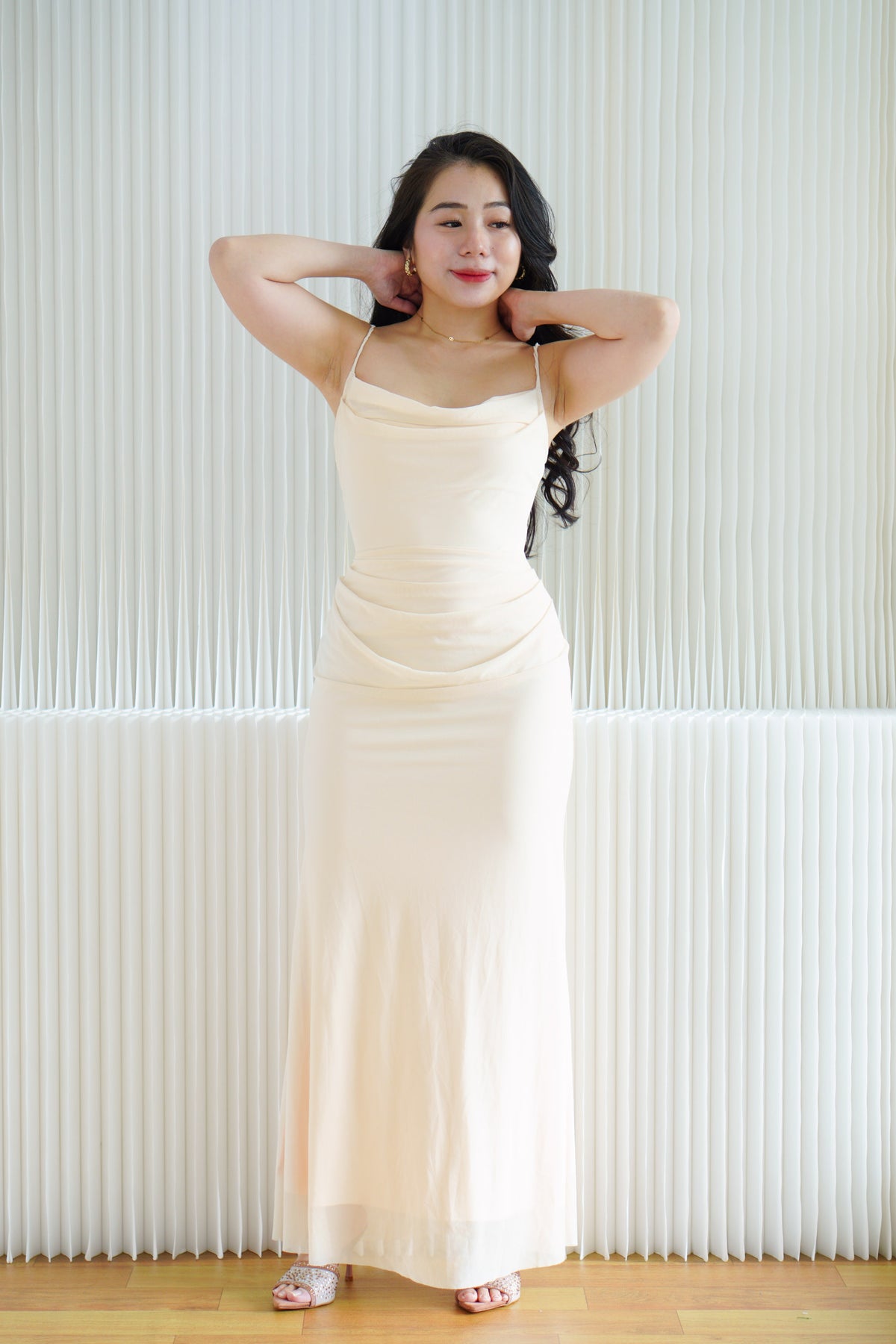 Astri Cowl Neck Mesh Bodycon Maxi Dress in Cream