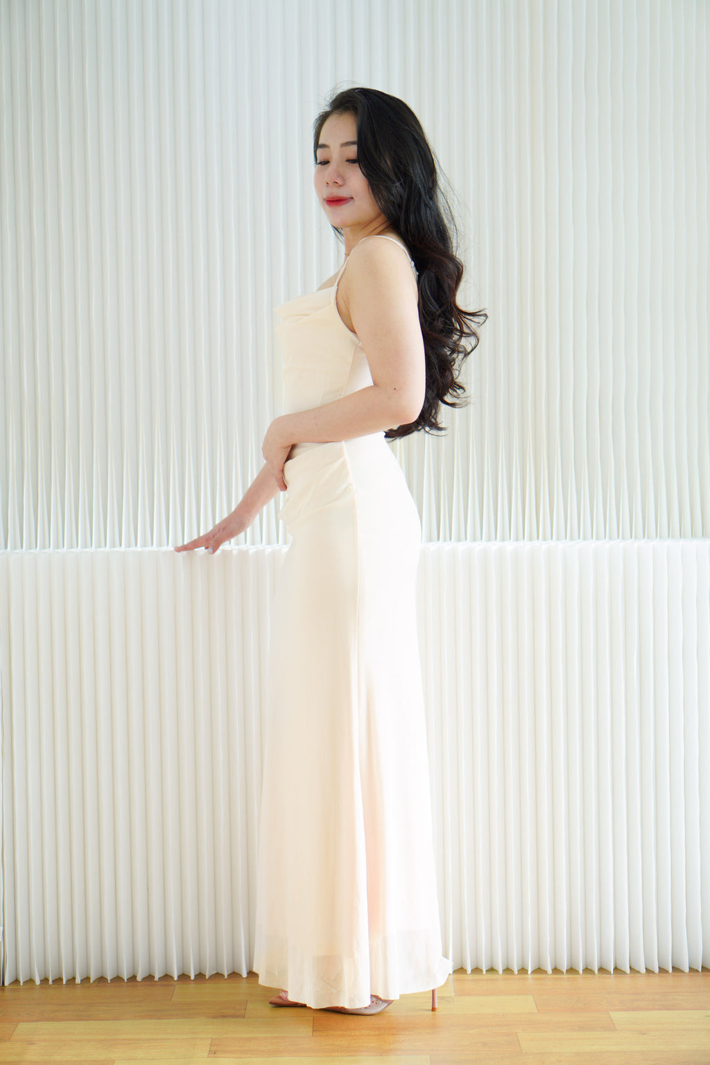 Astri Cowl Neck Mesh Bodycon Maxi Dress in Cream