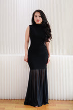 Leotara High Neck Semi Sheer Maxi Dress in Black