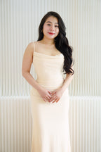 Astri Cowl Neck Mesh Bodycon Maxi Dress in Cream