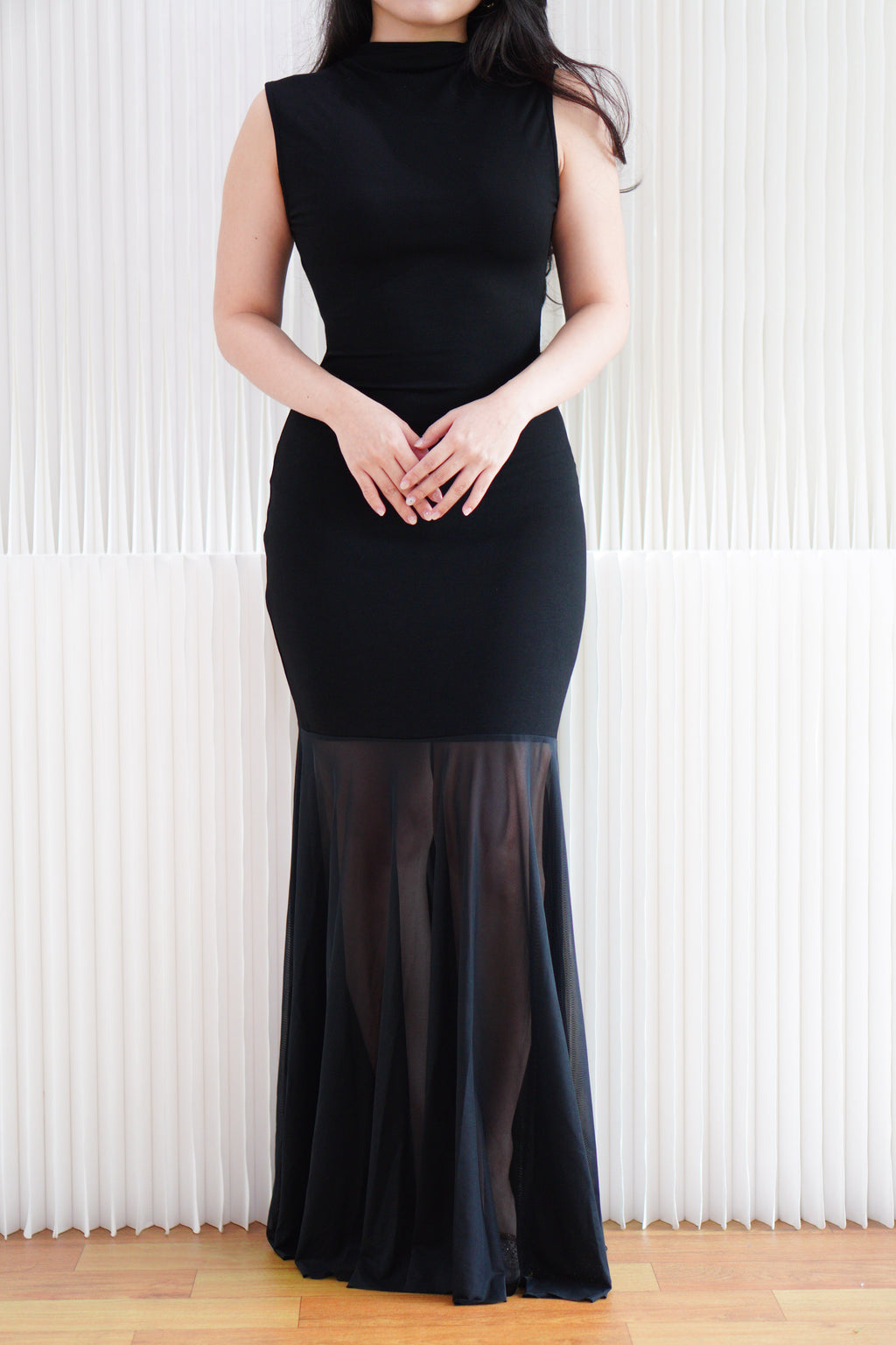 Leotara High Neck Semi Sheer Maxi Dress in Black