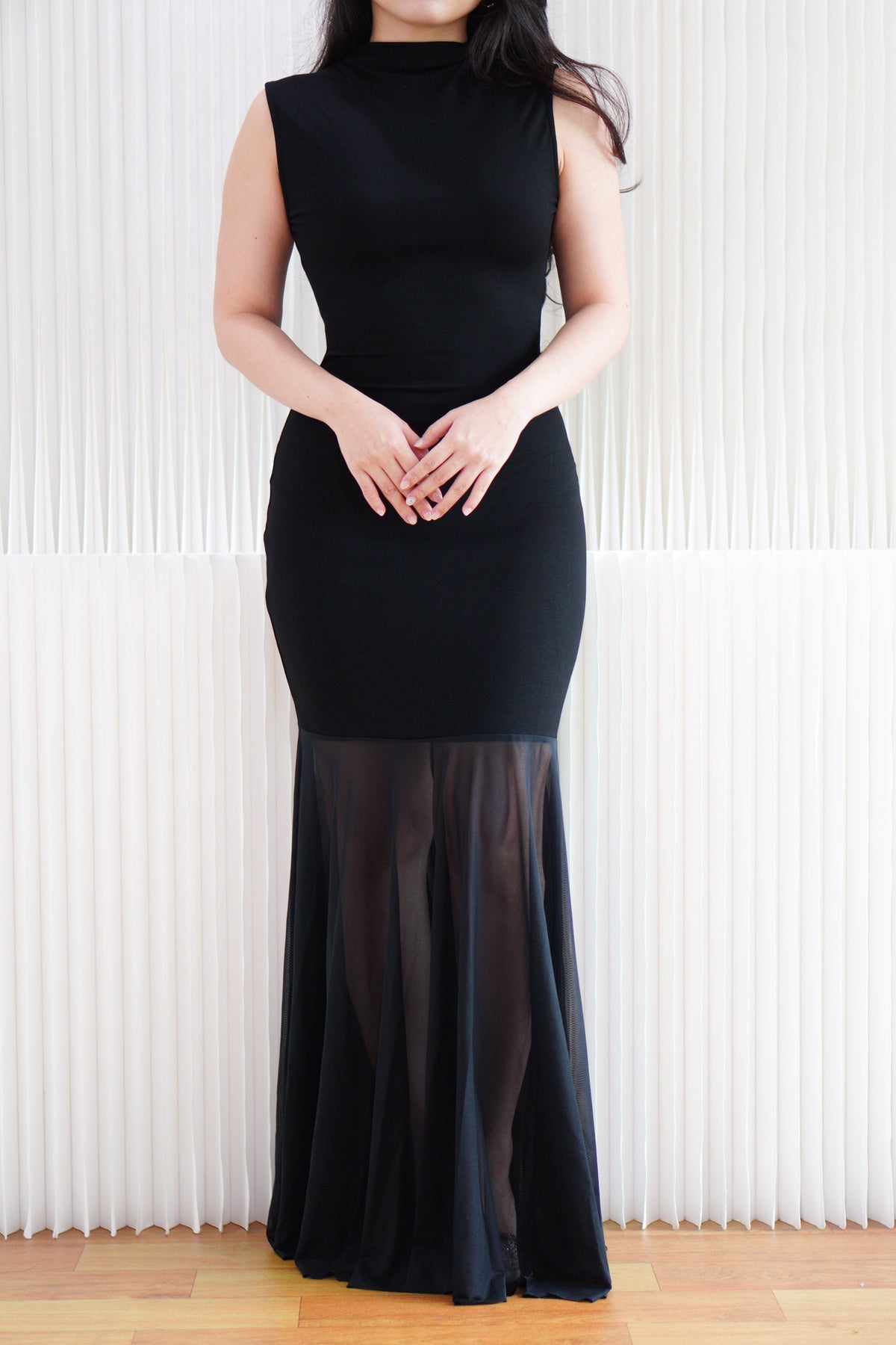 Leotara High Neck Semi Sheer Maxi Dress in Black