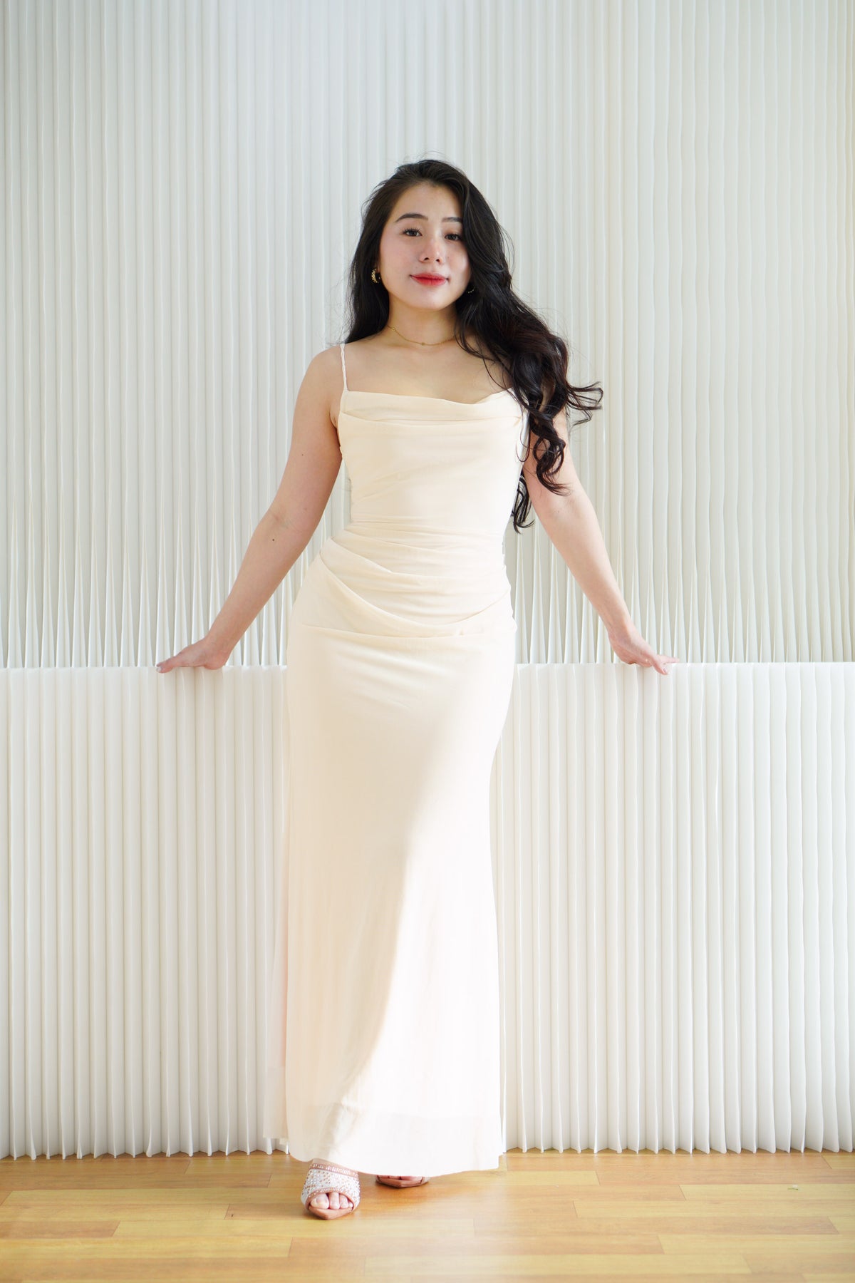 Astri Cowl Neck Mesh Bodycon Maxi Dress in Cream