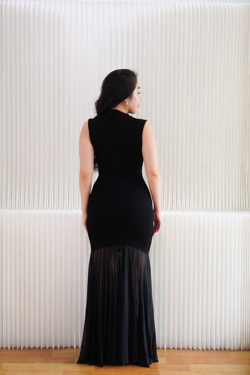 Leotara High Neck Semi Sheer Maxi Dress in Black