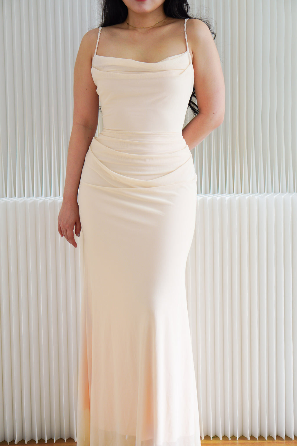 Astri Cowl Neck Mesh Bodycon Maxi Dress in Cream