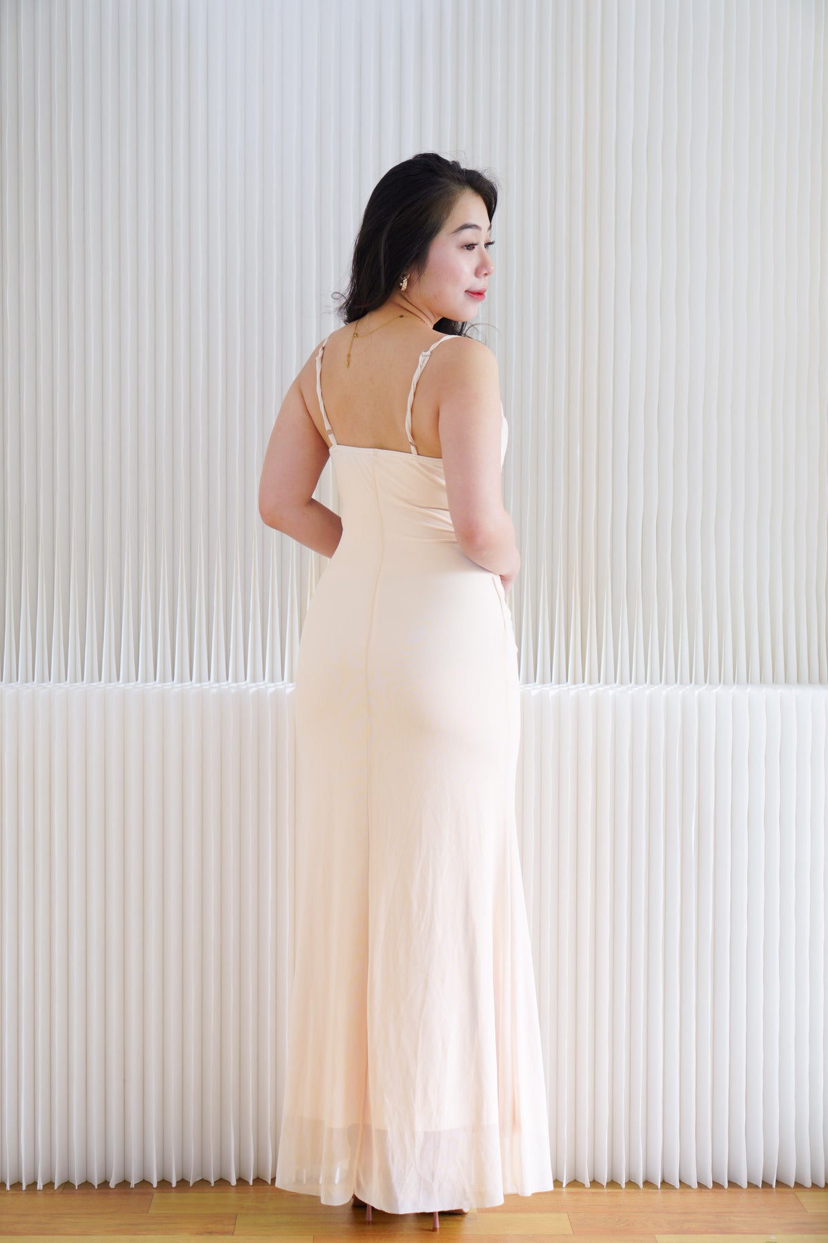Astri Cowl Neck Mesh Bodycon Maxi Dress in Cream