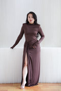 Glinda High Neck Padded Shoulder Long Sleeve Maxi Dress in Brown