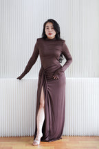 Glinda High Neck Padded Shoulder Long Sleeve Maxi Dress in Brown