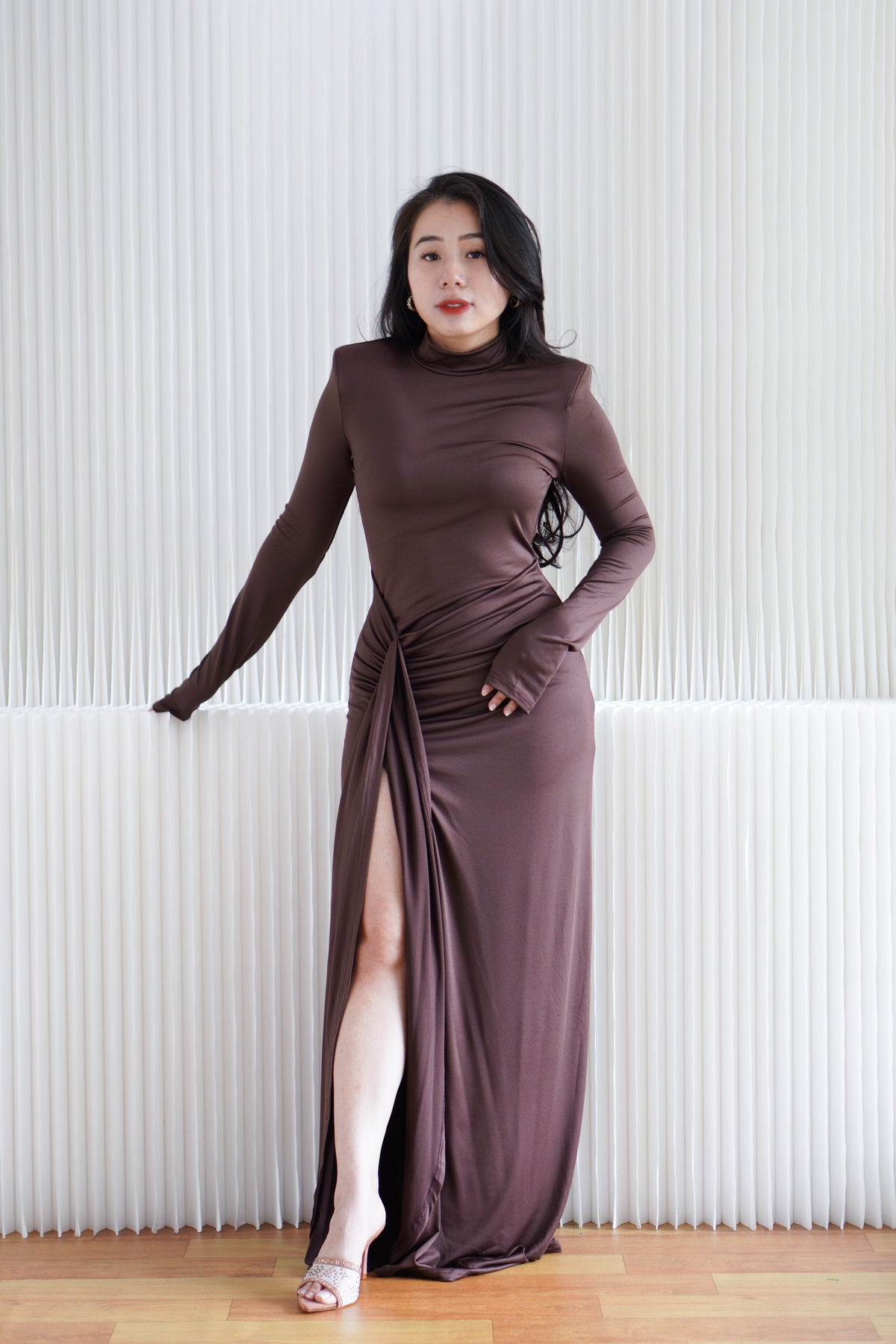 Glinda High Neck Padded Shoulder Long Sleeve Maxi Dress in Brown