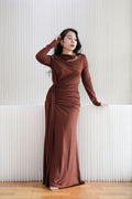 Mihara Long Sleeve Ruched Waist Maxi Dress with Cuff in Brown