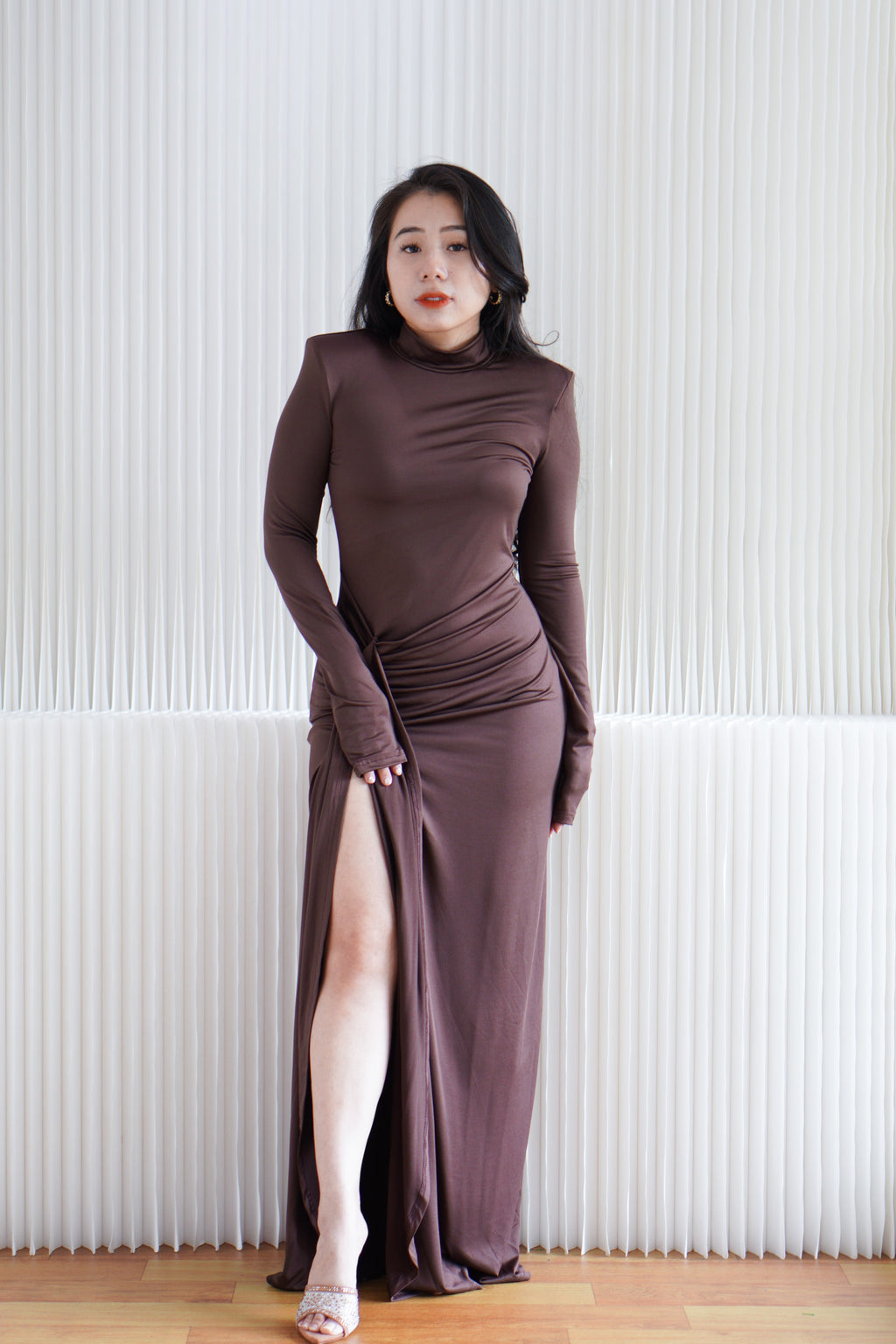 Glinda High Neck Padded Shoulder Long Sleeve Maxi Dress in Brown