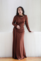Mihara Long Sleeve Ruched Waist Maxi Dress with Cuff in Brown