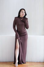 Glinda High Neck Padded Shoulder Long Sleeve Maxi Dress in Brown