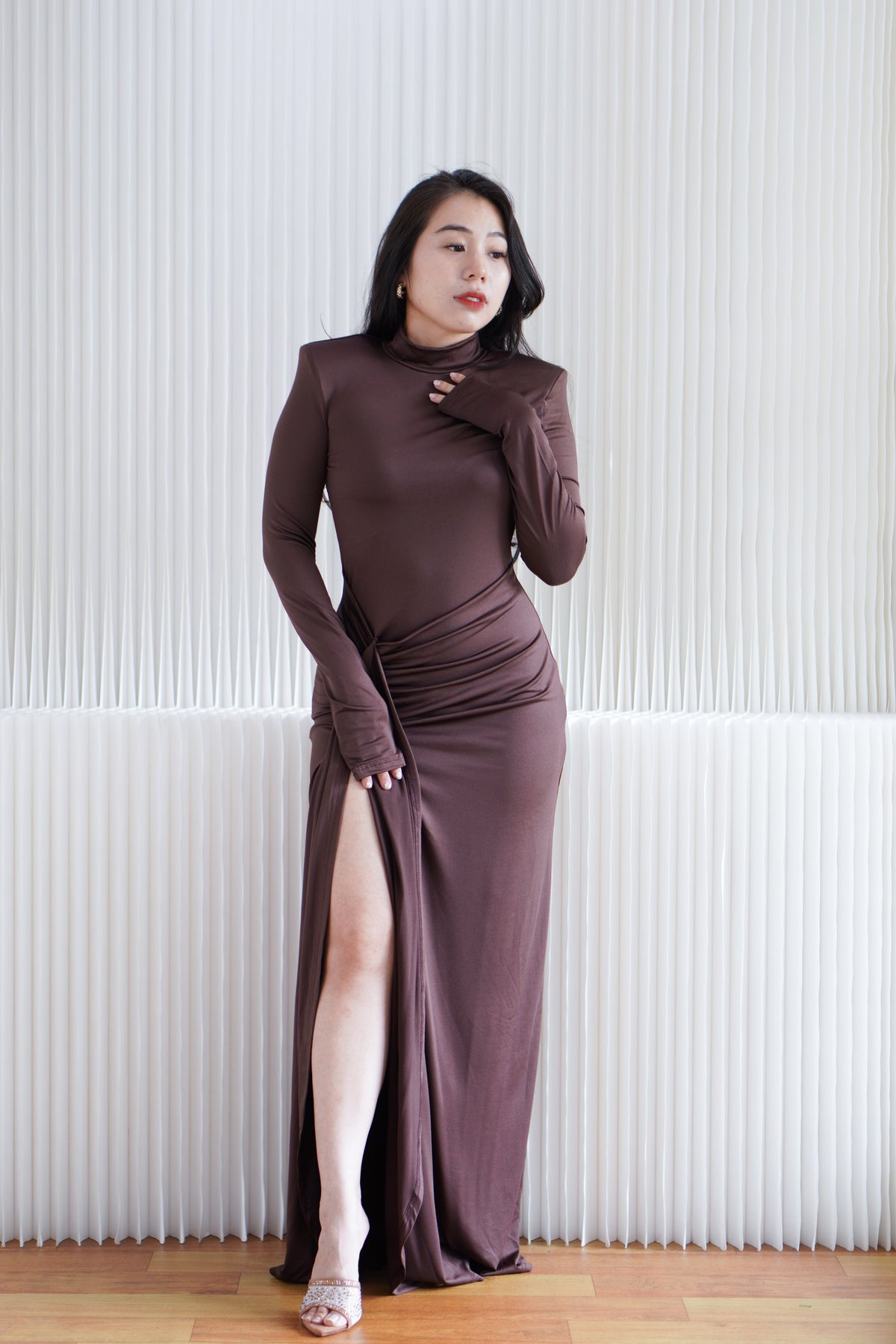 Glinda High Neck Padded Shoulder Long Sleeve Maxi Dress in Brown