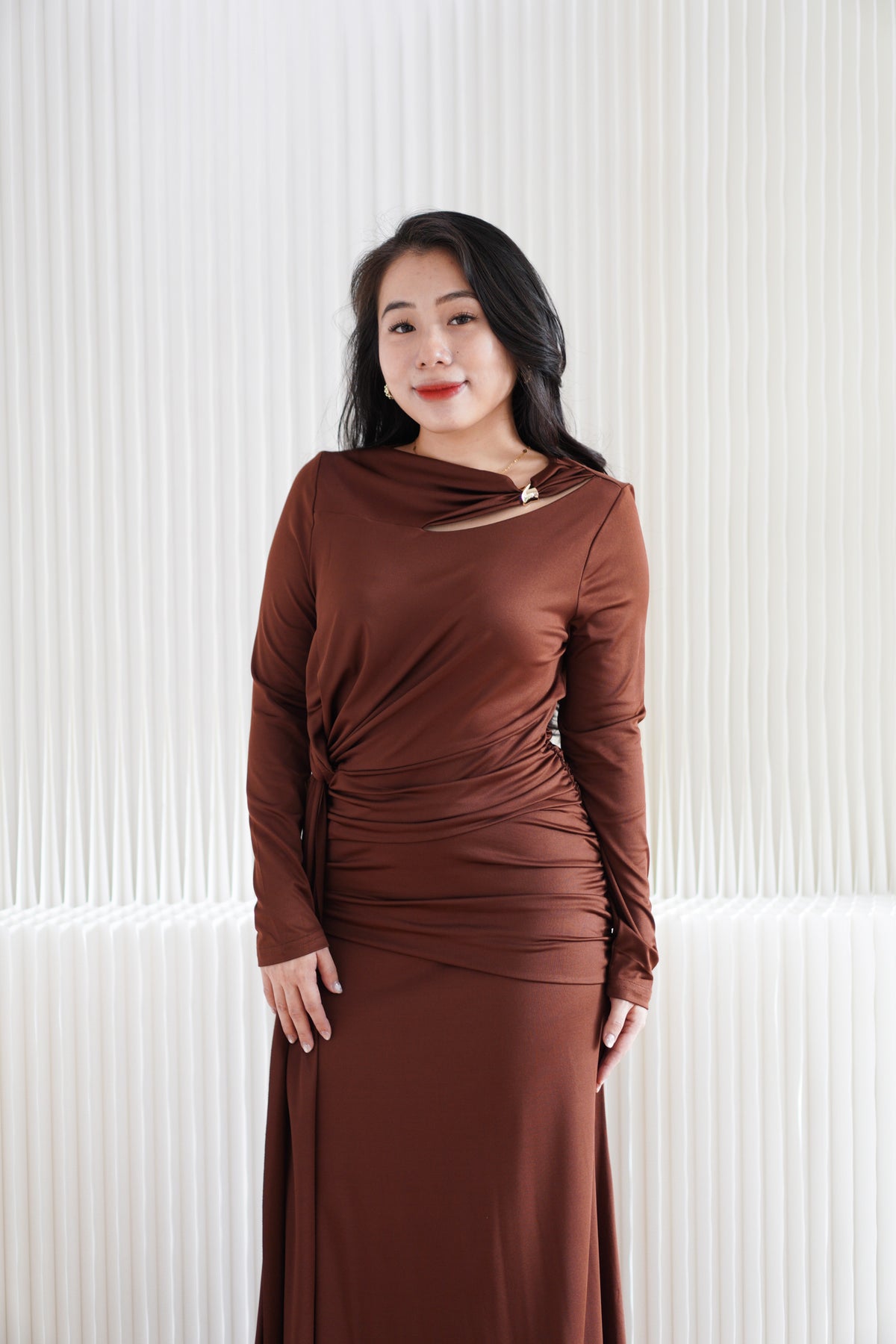 Mihara Long Sleeve Ruched Waist Maxi Dress with Cuff in Brown
