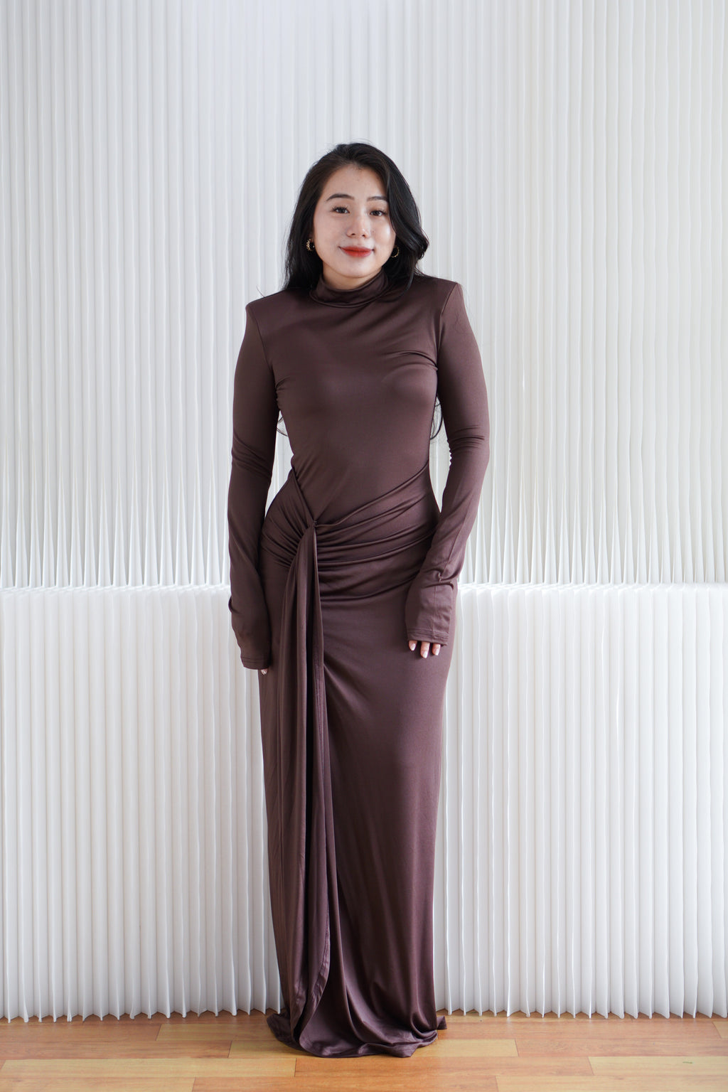 Glinda High Neck Padded Shoulder Long Sleeve Maxi Dress in Brown