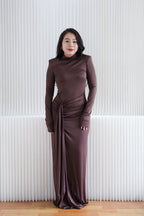 Glinda High Neck Padded Shoulder Long Sleeve Maxi Dress in Brown