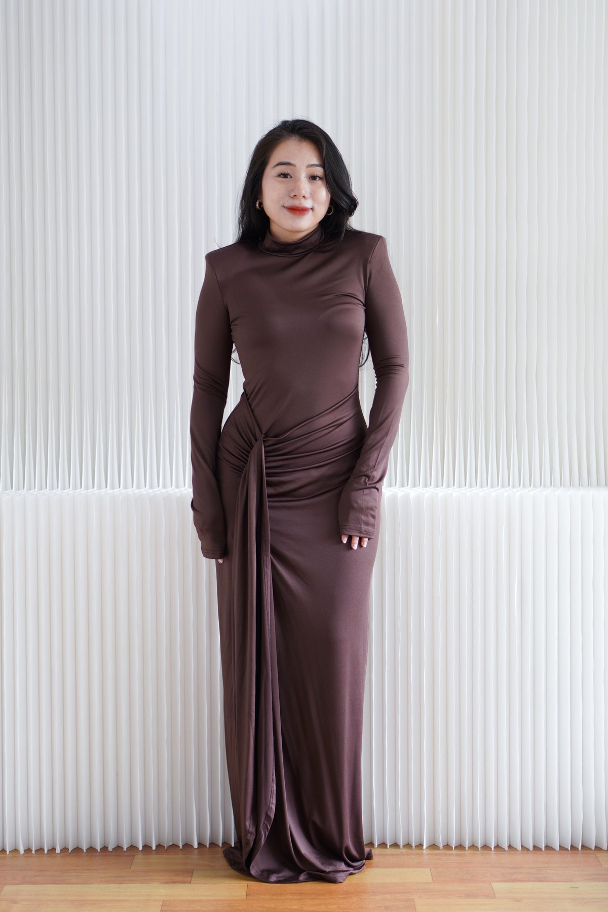 Glinda High Neck Padded Shoulder Long Sleeve Maxi Dress in Brown