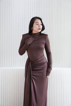 Glinda High Neck Padded Shoulder Long Sleeve Maxi Dress in Brown