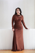 Mihara Long Sleeve Ruched Waist Maxi Dress with Cuff in Brown
