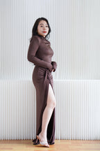 Glinda High Neck Padded Shoulder Long Sleeve Maxi Dress in Brown