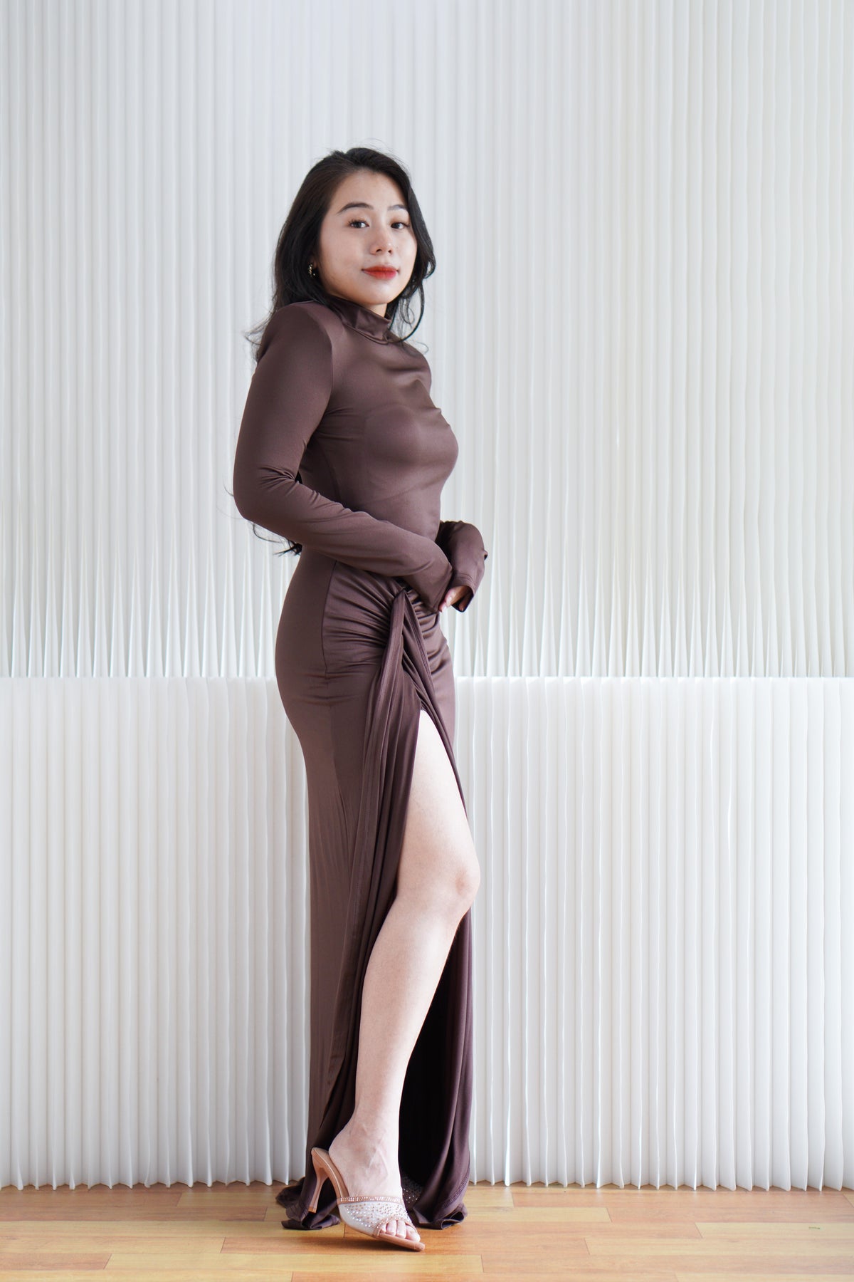 Glinda High Neck Padded Shoulder Long Sleeve Maxi Dress in Brown