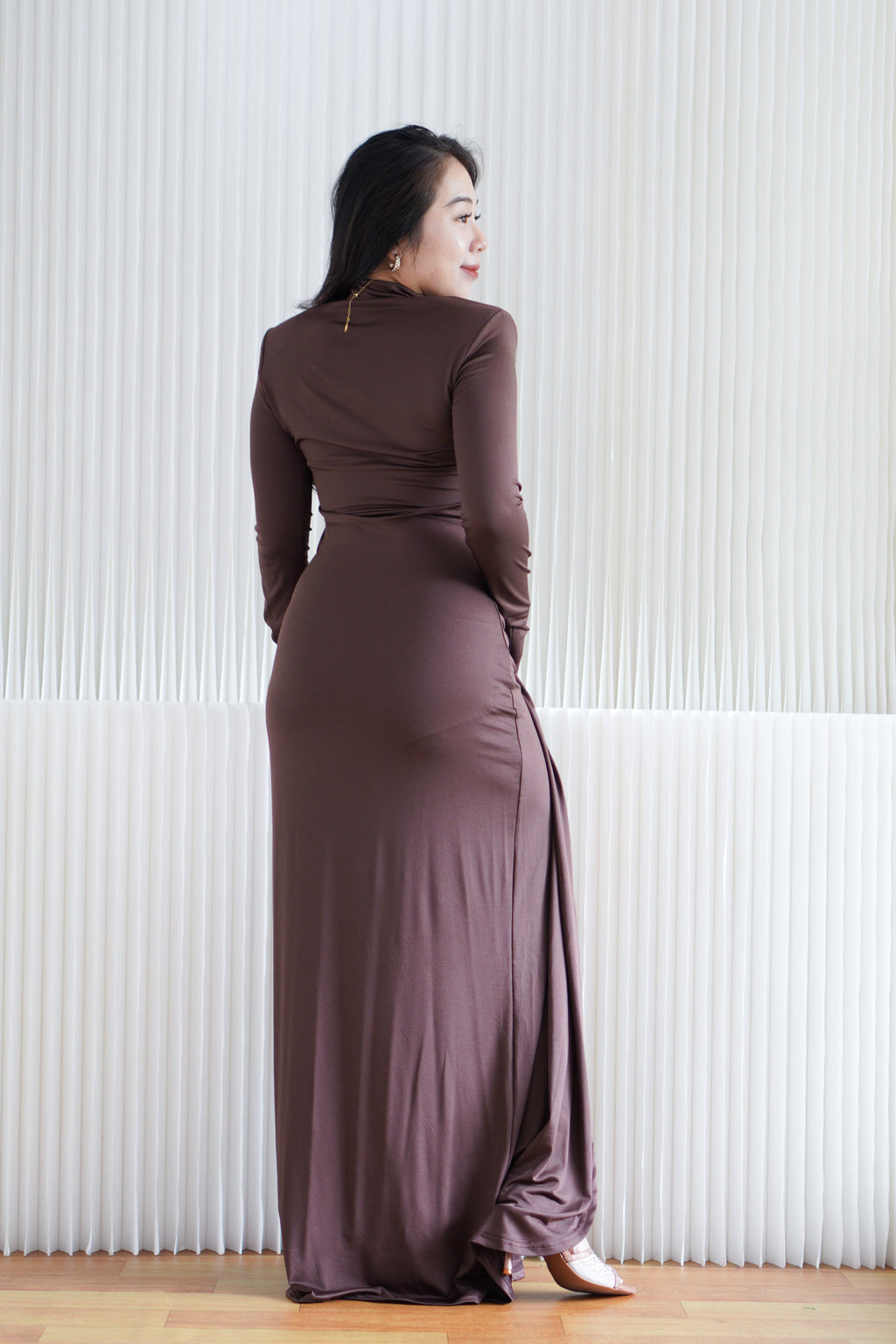 Glinda High Neck Padded Shoulder Long Sleeve Maxi Dress in Brown