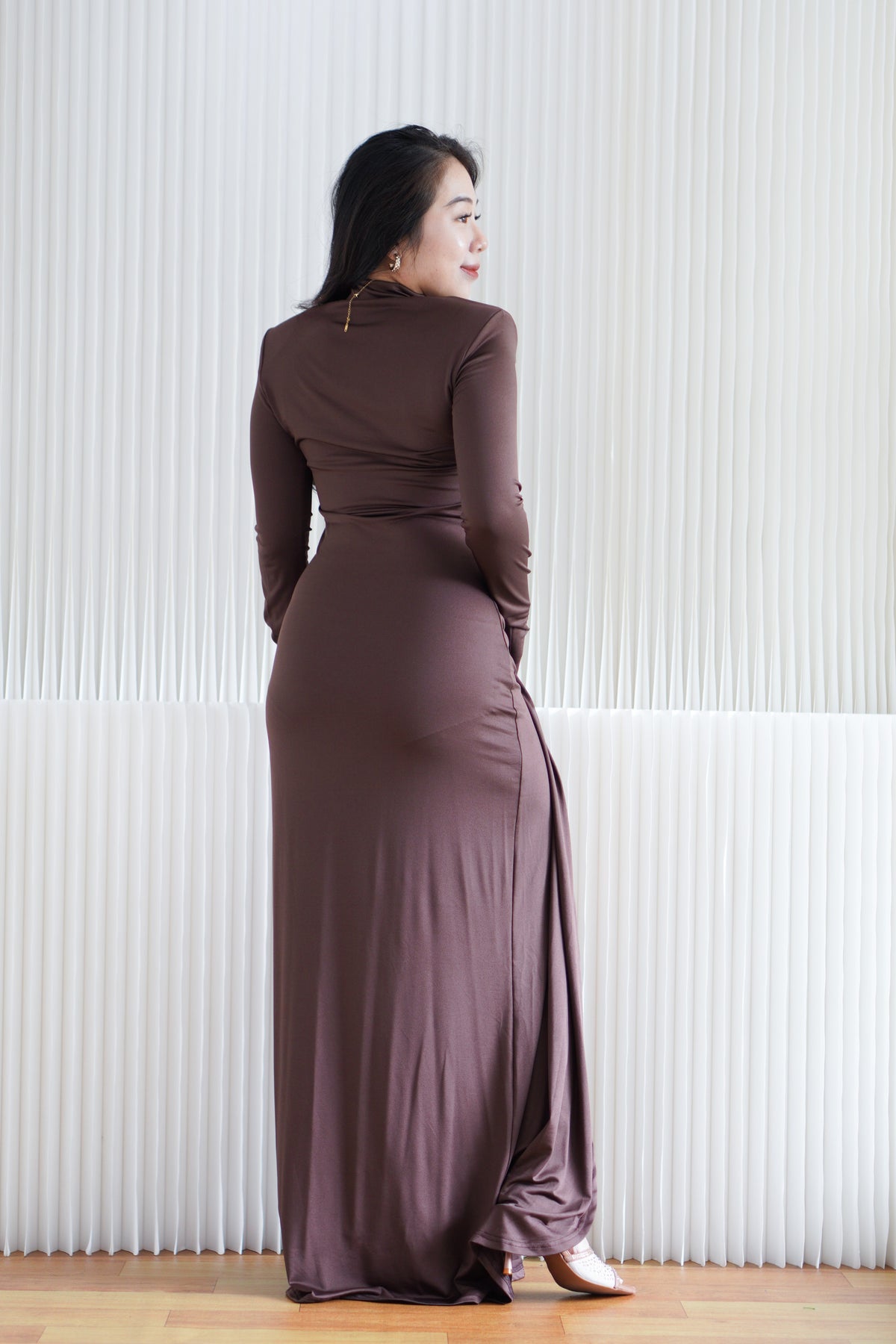 Glinda High Neck Padded Shoulder Long Sleeve Maxi Dress in Brown