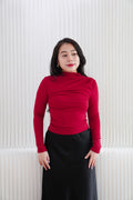 Cherry Charm High Neck Ruched Long Sleeve Top in Red