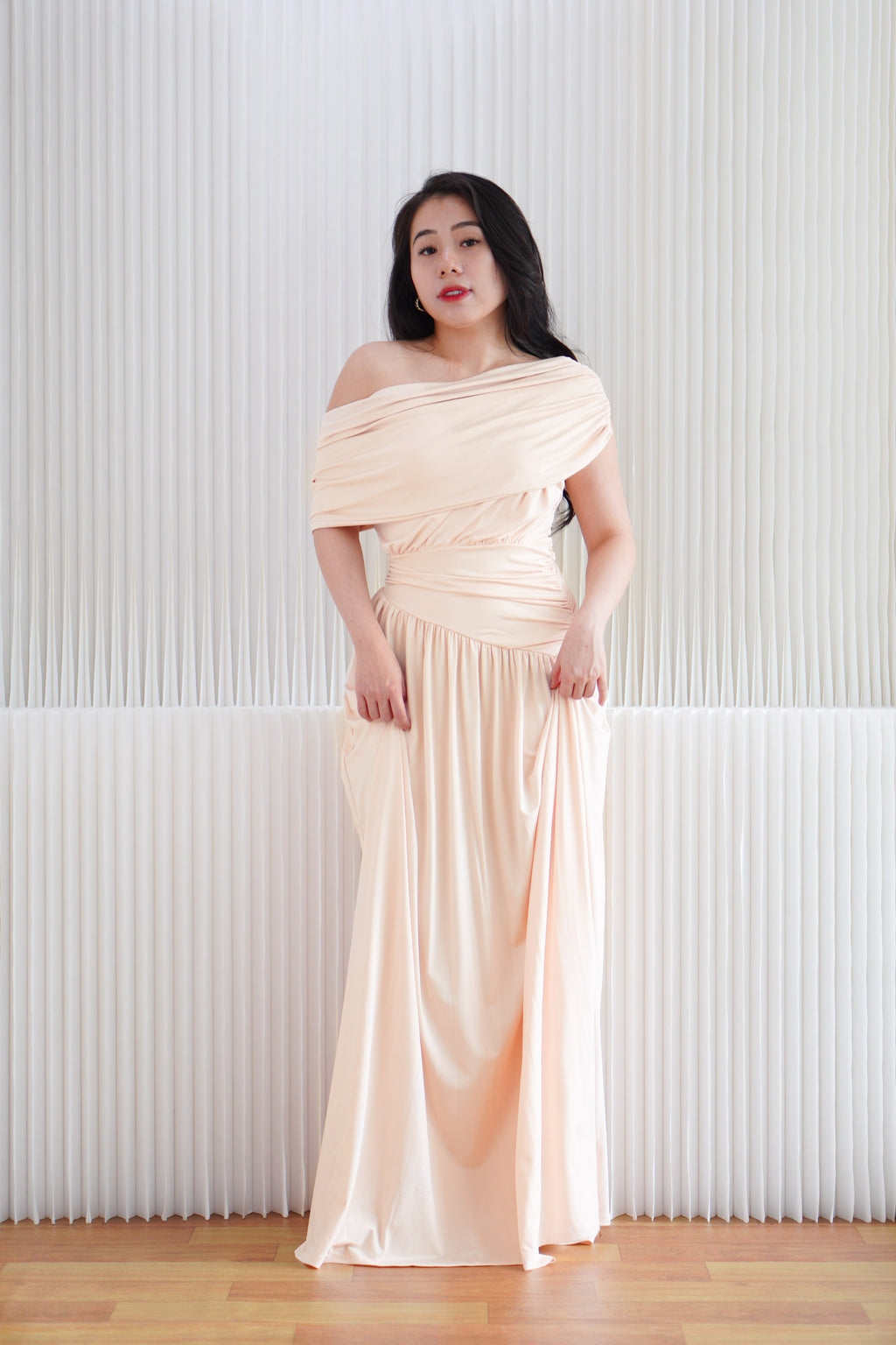 (BACKORDER) Tova Drape Toga Maxi Dress in Beige