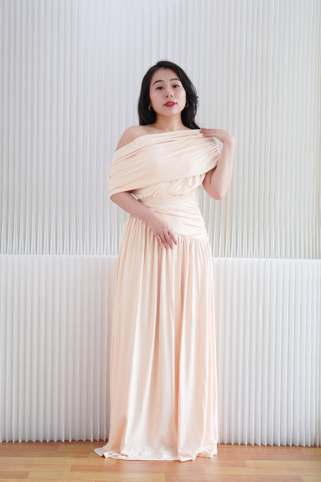(BACKORDER) Tova Drape Toga Maxi Dress in Beige