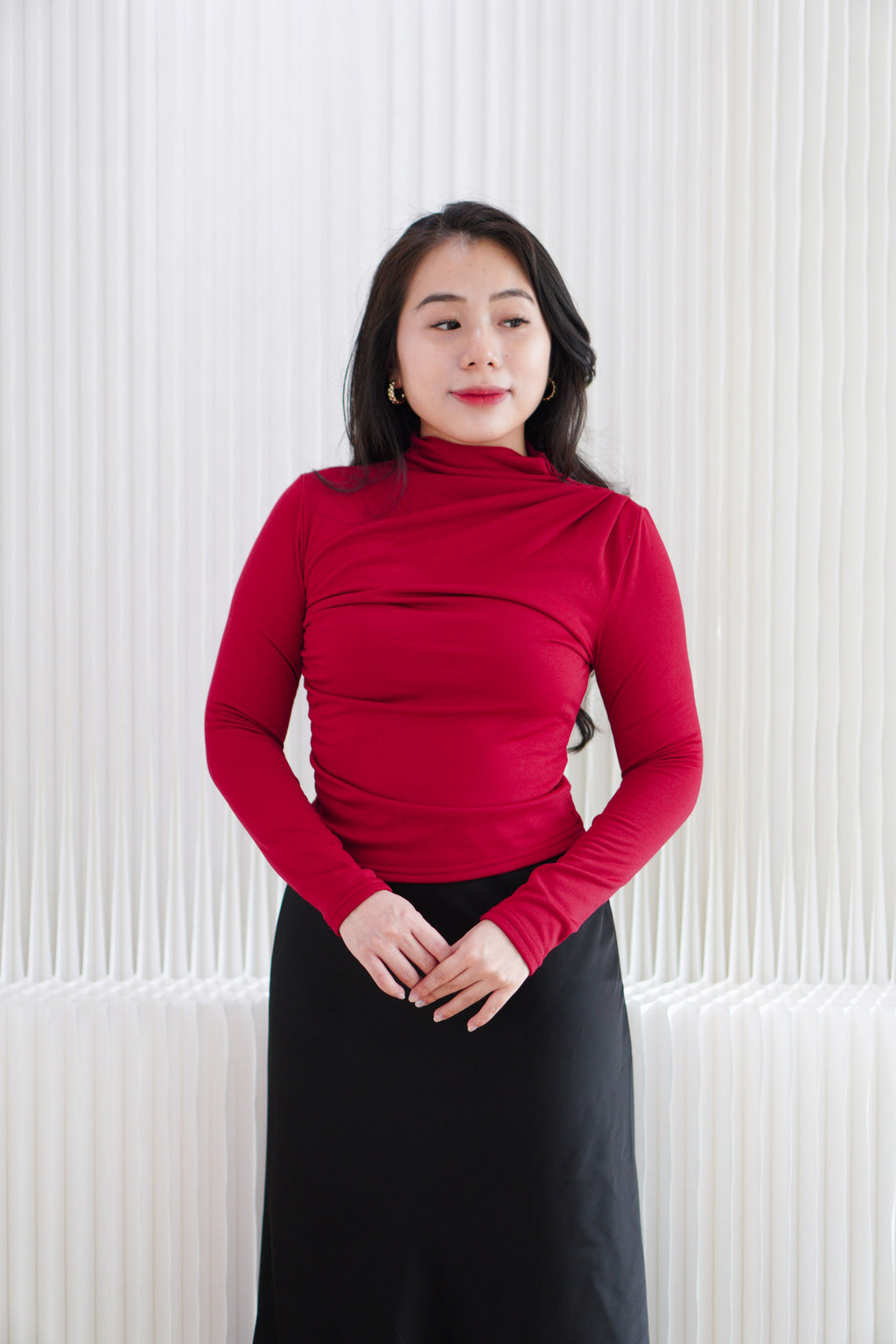 Cherry Charm High Neck Ruched Long Sleeve Top in Red