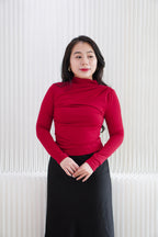 Cherry Charm High Neck Ruched Long Sleeve Top in Red