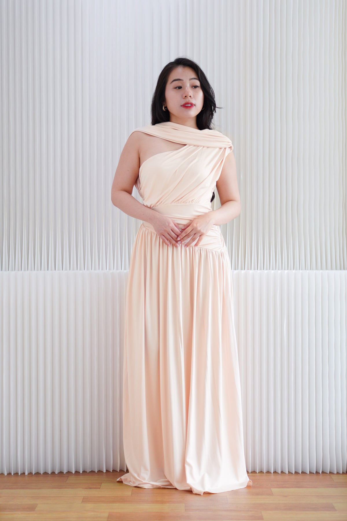 (BACKORDER) Tova Drape Toga Maxi Dress in Beige
