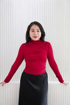 Cherry Charm High Neck Ruched Long Sleeve Top in Red