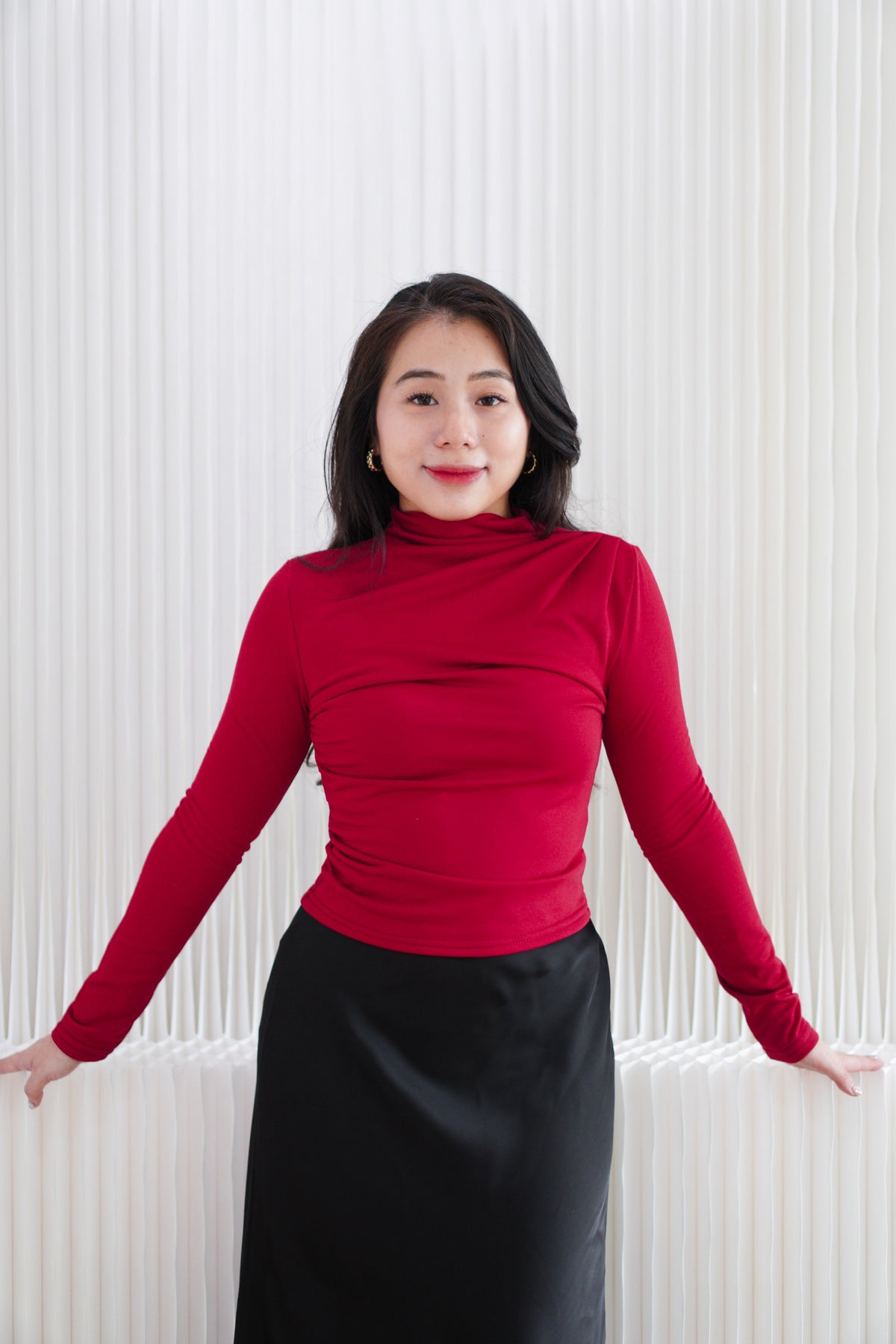Cherry Charm High Neck Ruched Long Sleeve Top in Red