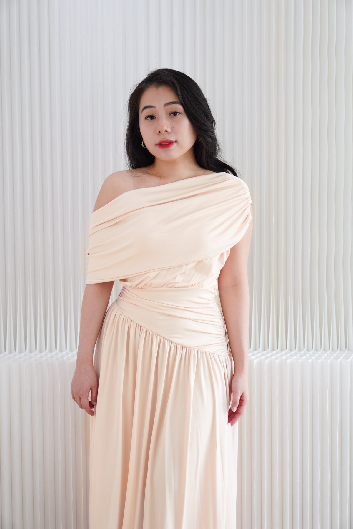 (BACKORDER) Tova Drape Toga Maxi Dress in Beige