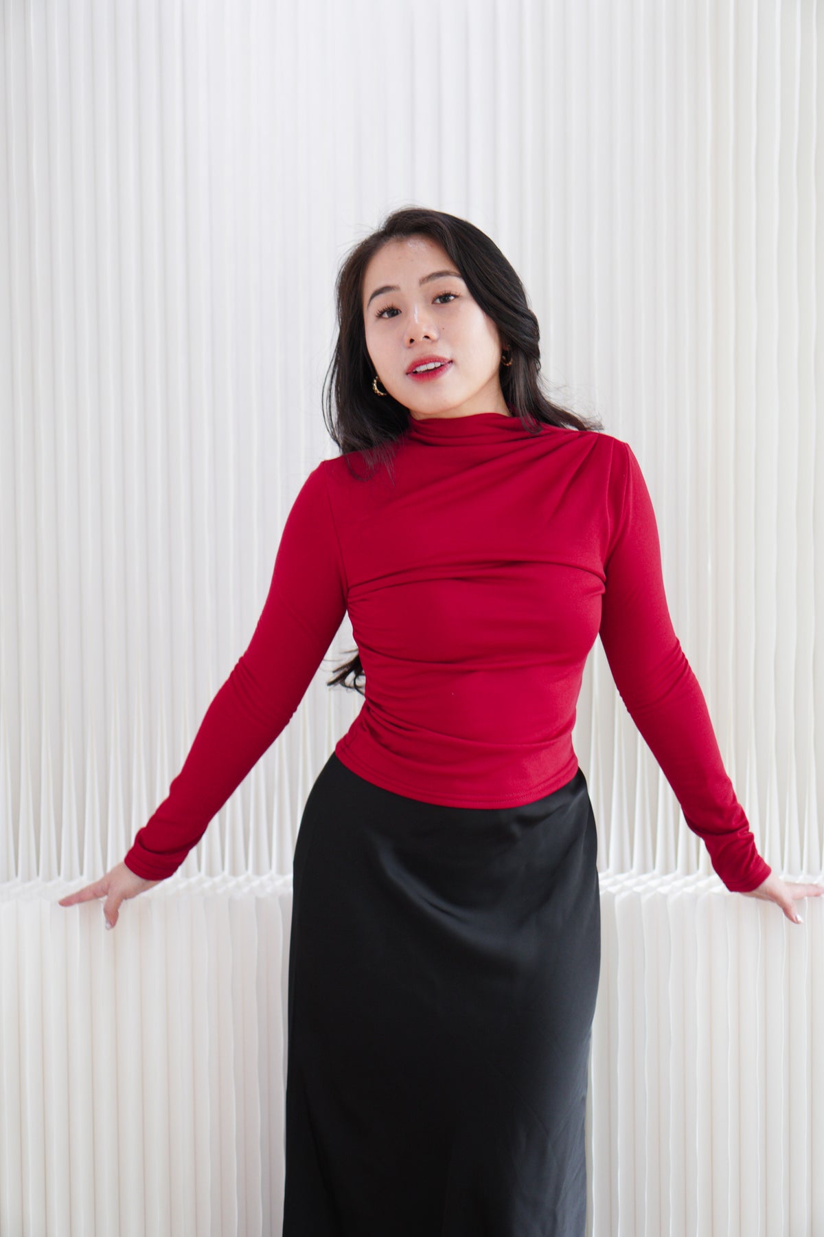 Cherry Charm High Neck Ruched Long Sleeve Top in Red