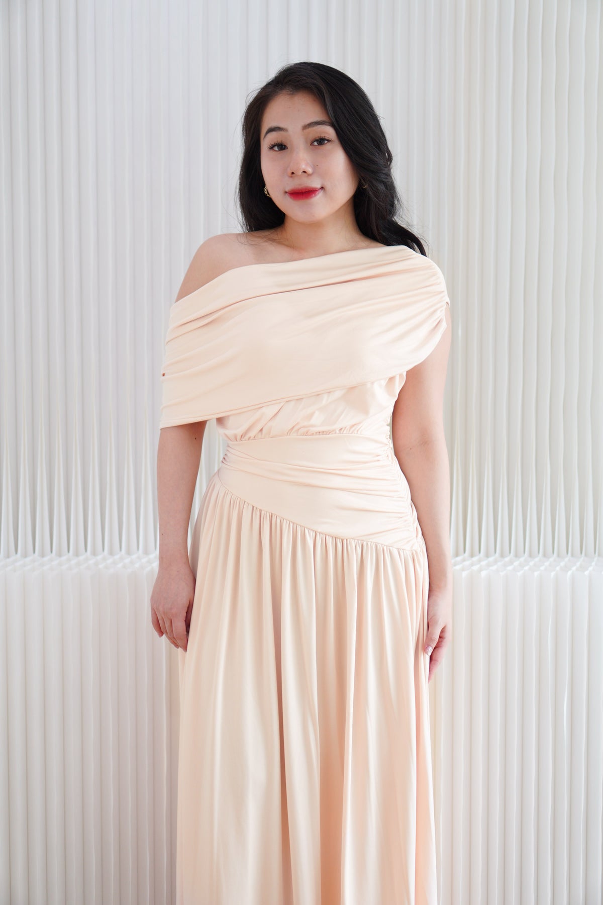 (BACKORDER) Tova Drape Toga Maxi Dress in Beige