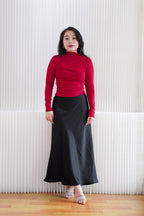 Cherry Charm High Neck Ruched Long Sleeve Top in Red