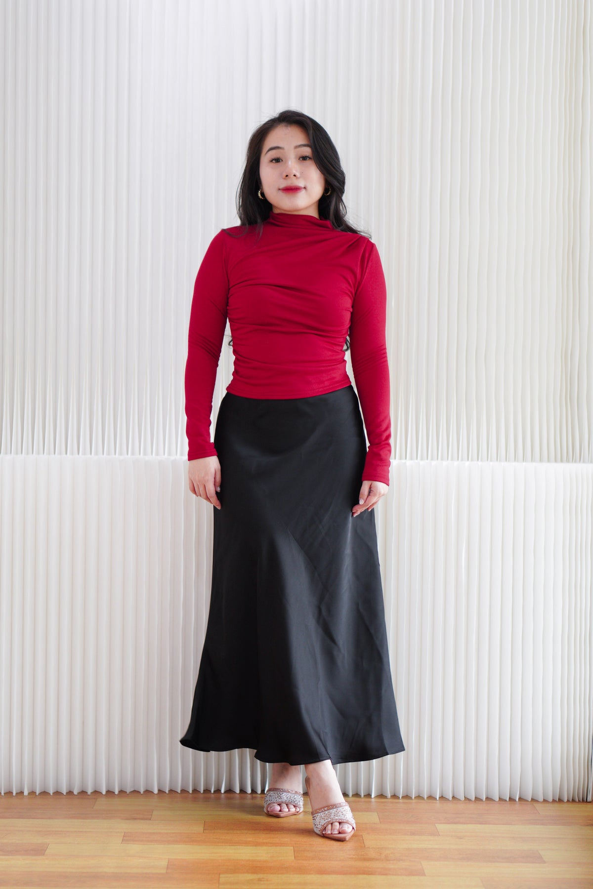 Cherry Charm High Neck Ruched Long Sleeve Top in Red