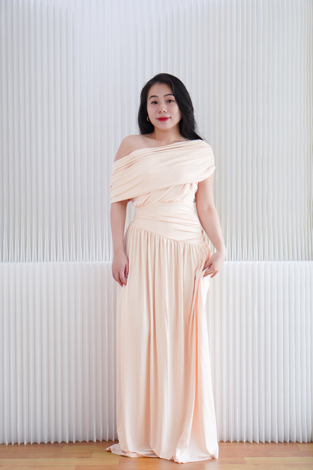 (BACKORDER) Tova Drape Toga Maxi Dress in Beige