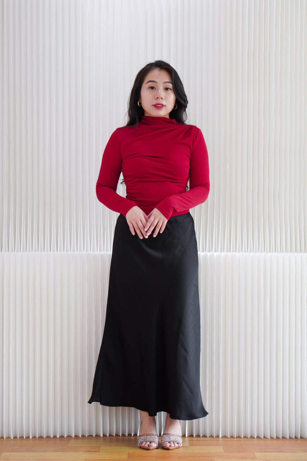 Cherry Charm High Neck Ruched Long Sleeve Top in Red