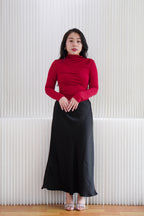 Cherry Charm High Neck Ruched Long Sleeve Top in Red