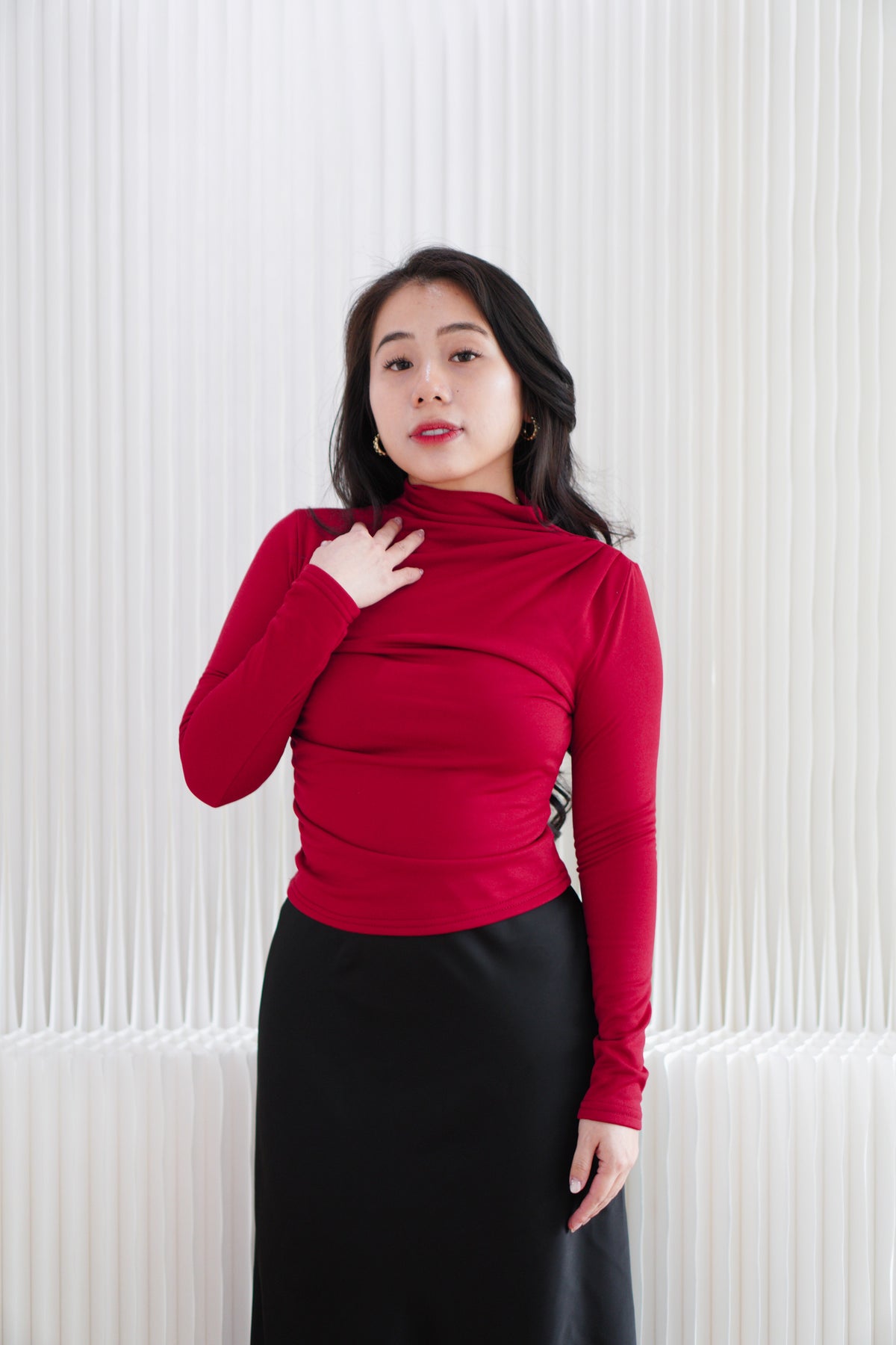 Cherry Charm High Neck Ruched Long Sleeve Top in Red